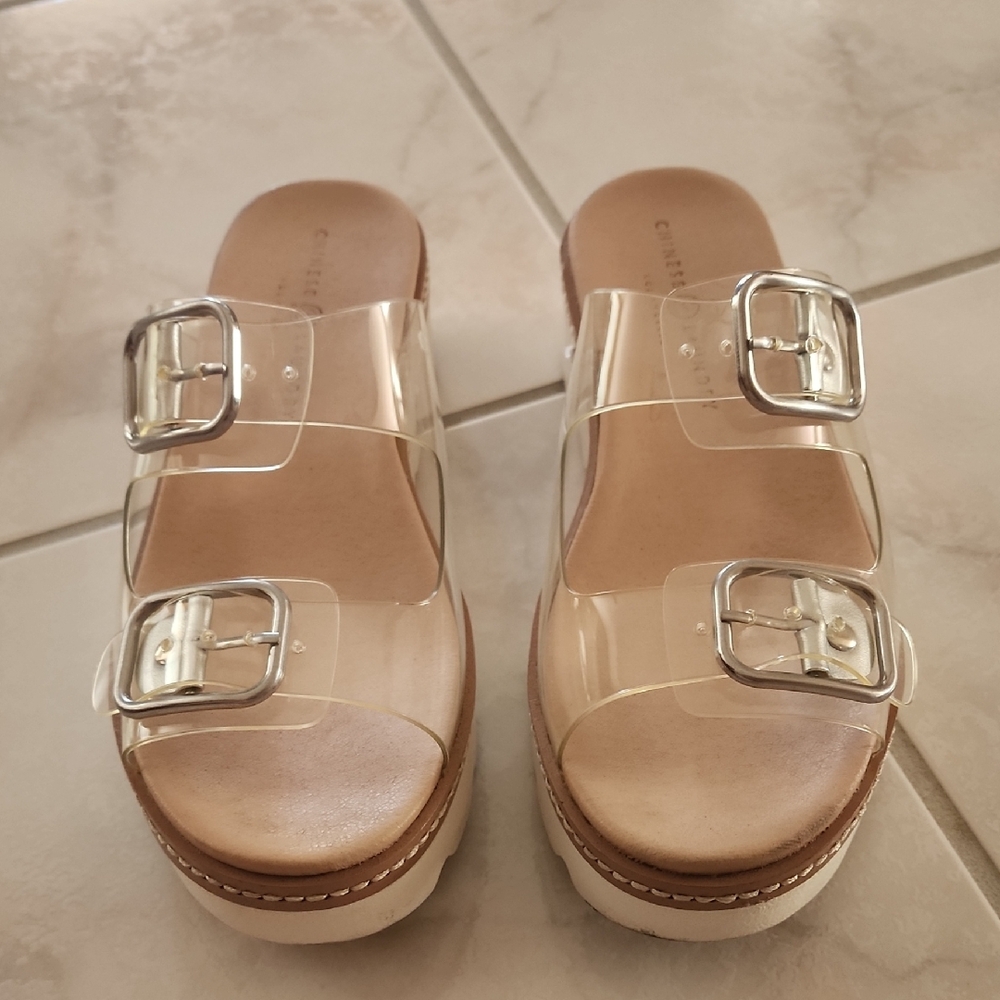 Chinese Laundry Clear Sandals with Silver Buckles